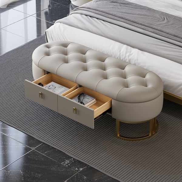 Modern Gray Bedroom Storage Tufted Bench With 2 Drawers In Leather - Image 4