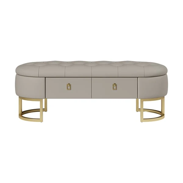 Modern Gray Bedroom Storage Tufted Bench With 2 Drawers In Leather - Image 6