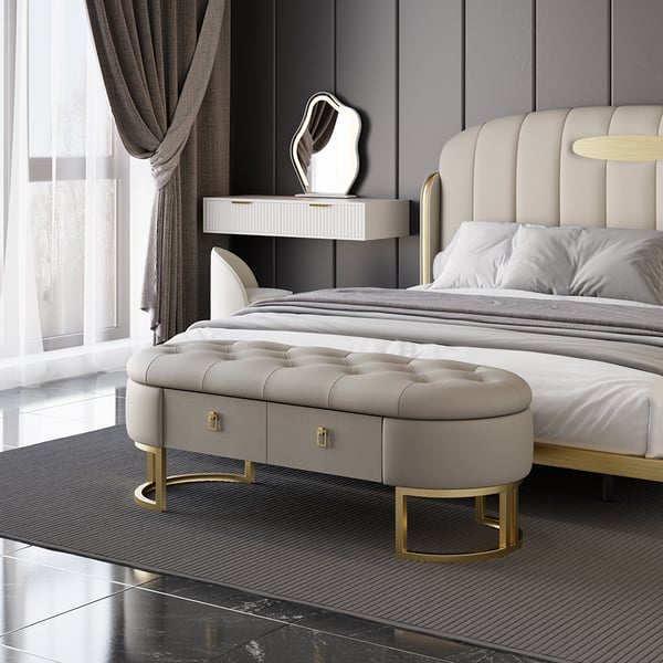 Modern Gray Bedroom Storage Tufted Bench With 2 Drawers In Leather - Image 5