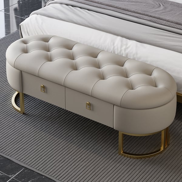 Modern Gray Bedroom Storage Tufted Bench With 2 Drawers In Leather - Image 3