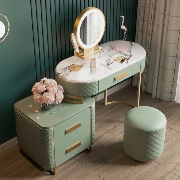 Decor Green Makeup Vanity Set Expandable Dressing Table with Cabinet and Stool - Image 3